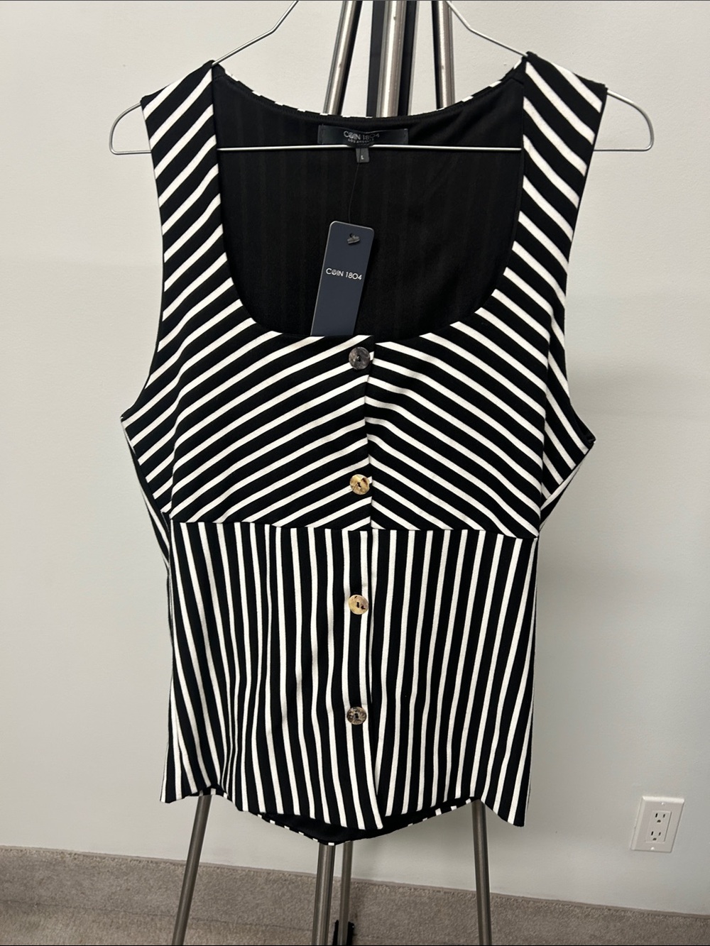 NWT coin 1804 Black and White Striped Button-Front Tank Top